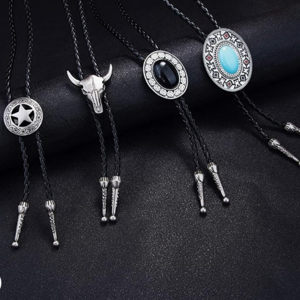 Brand new set of 4 black bolo western turquoise and silver bolo ties